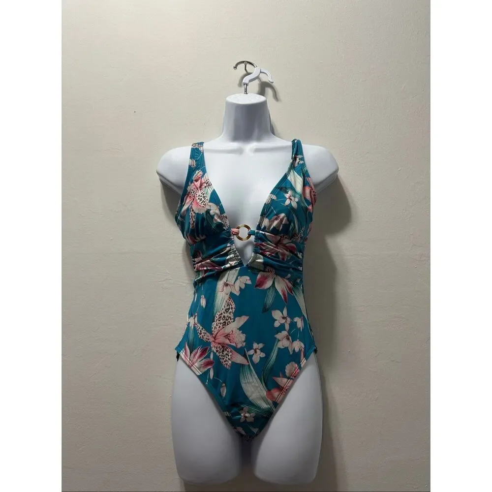 La Blanca One Piece Swimsuit Size 6 Pink Blue Keyhole Low Cut High Hip Designer